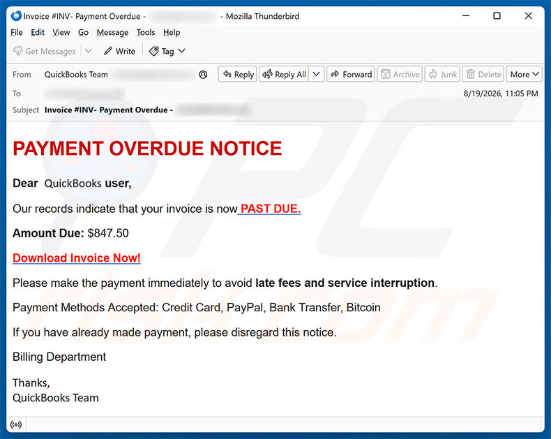 Campagne de spam par e-mail QuickBooks - Payment Overdue arnaque par e-mail
