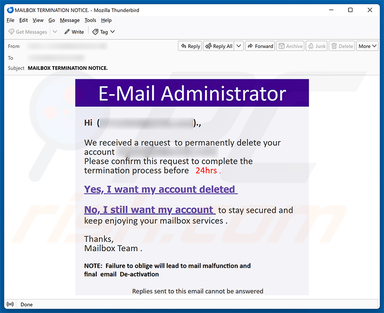 Campagne de spam par e-mail Request To Permanently Delete Your Account