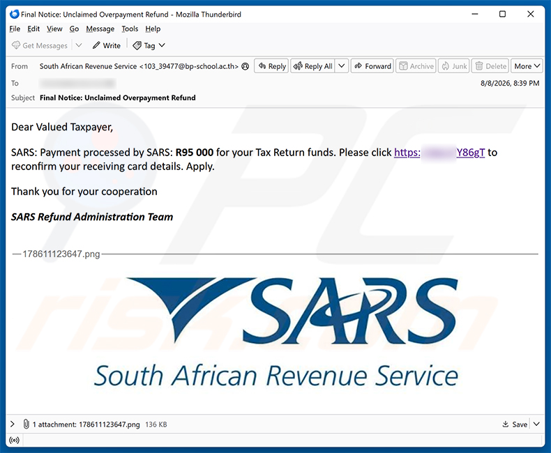Campagne de spam par e-mail SARS Tax Refund Email Scam