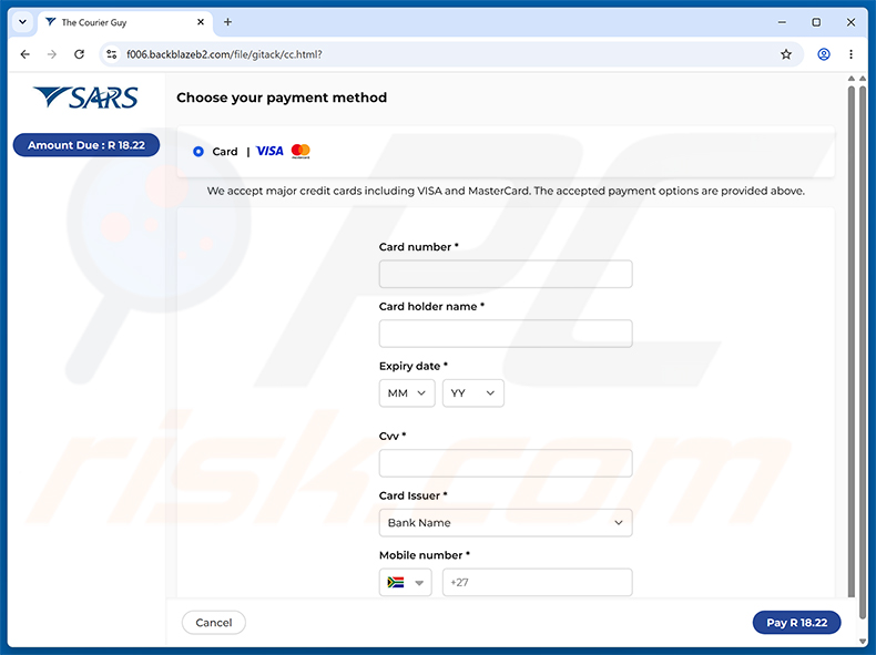 Page de collecte des détails de carte de crédit SARS Tax Refund Email Scam