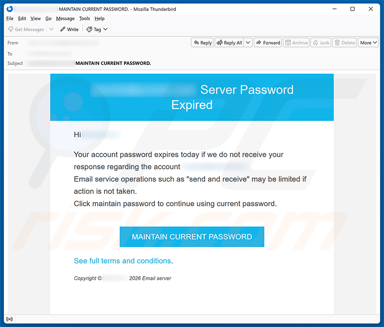 Campagne de spam de l'arnaque par e-mail Server Password Expired