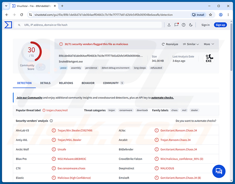 Détections de SnakeBiteAgent RAT sur VirusTotal