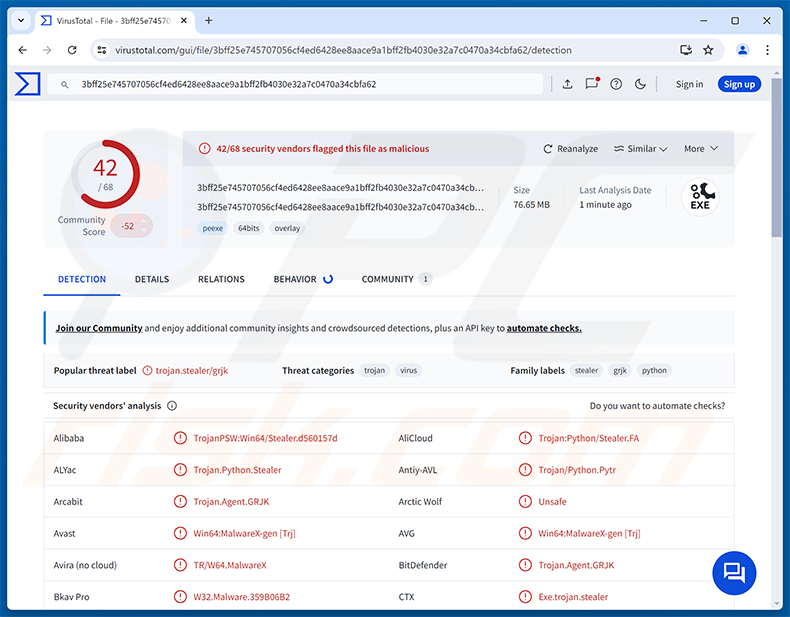 Détections du malware Vanta Stealer sur VirusTotal