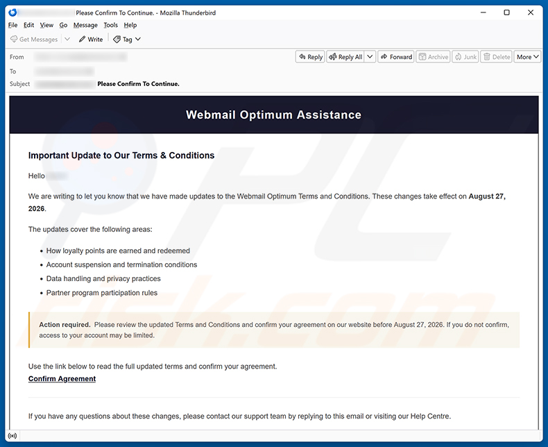Campagne de spam par e-mail de l'arnaque Webmail Optimum Terms and Conditions Update
