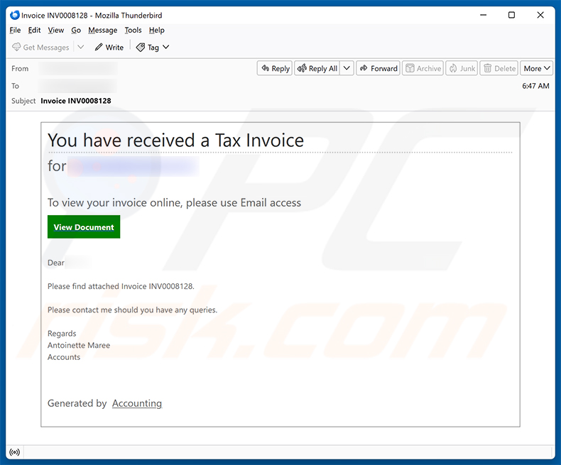 Campagne de spam par e-mail You Have Received A Tax Invoice arnaque par e-mail
