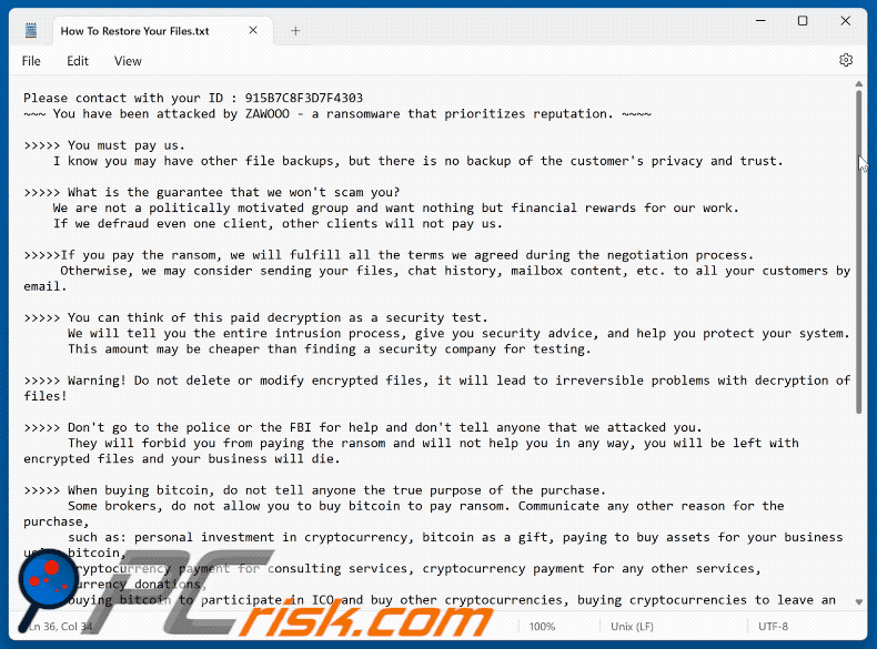 Demande de rançon du ransomware ZAWOOO (How To Restore Your Files.txt)