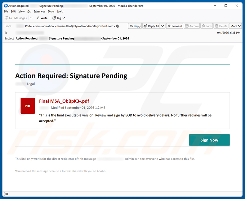 Campagne de spam par e-mail Action Required: Signature Pending
