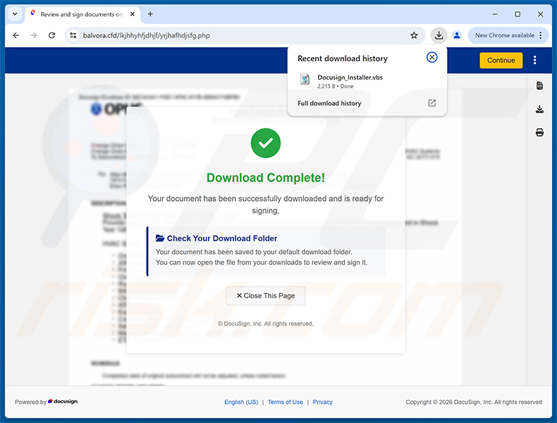 Site web malveillant promu par la campagne de spam Action Required: Signature Pending