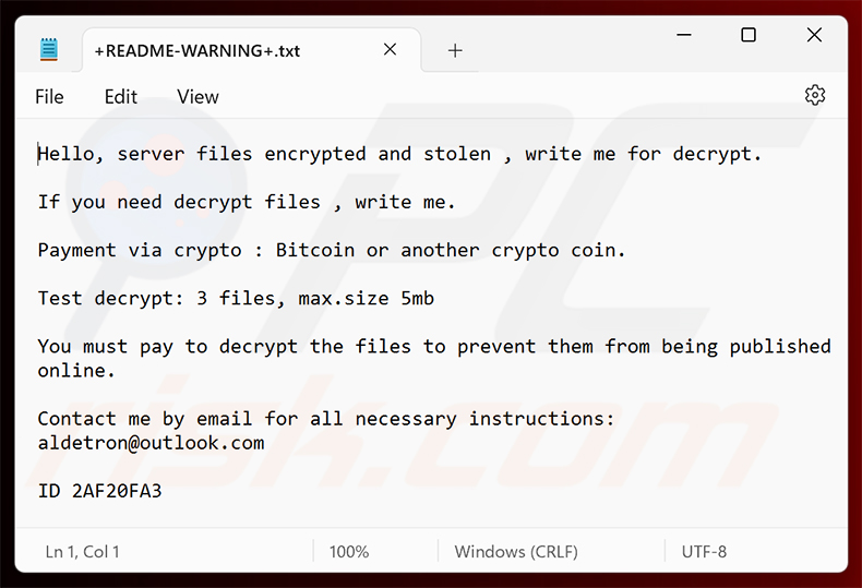 Demande de rançon du ransomware Aldet (+README-WARNING+.txt)