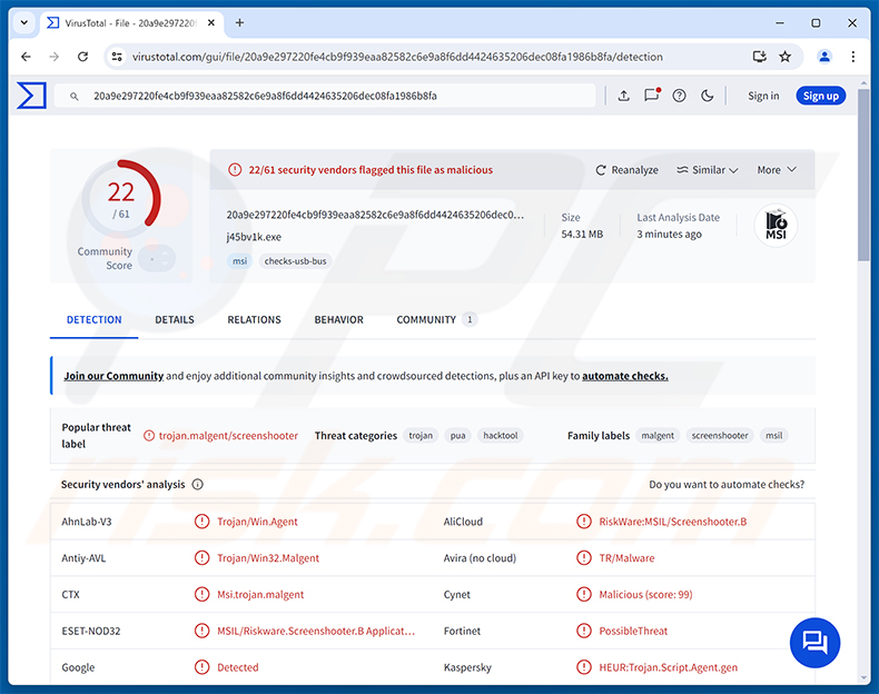 Détections du malware ChainScript RAT sur VirusTotal
