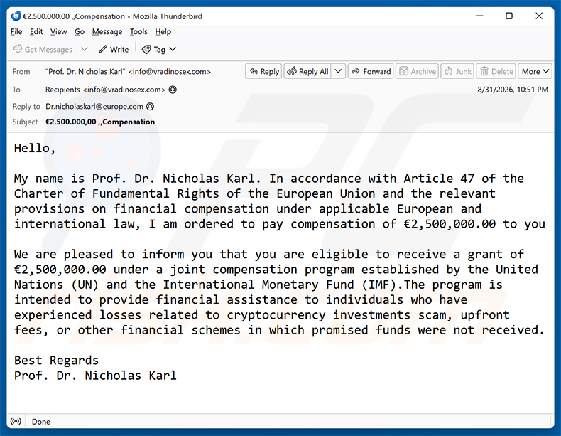 Campagne de spam par e-mail Compensation Program arnaque par e-mail