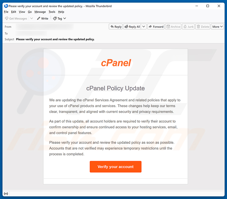 Campagne de spam par e-mail cPanel Policy Update arnaque par e-mail