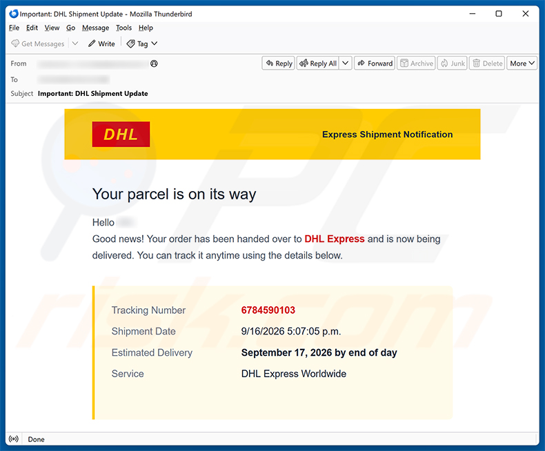 Campagne de spam par e-mail DHL Express Parcel Is On Its Way arnaque par e-mail