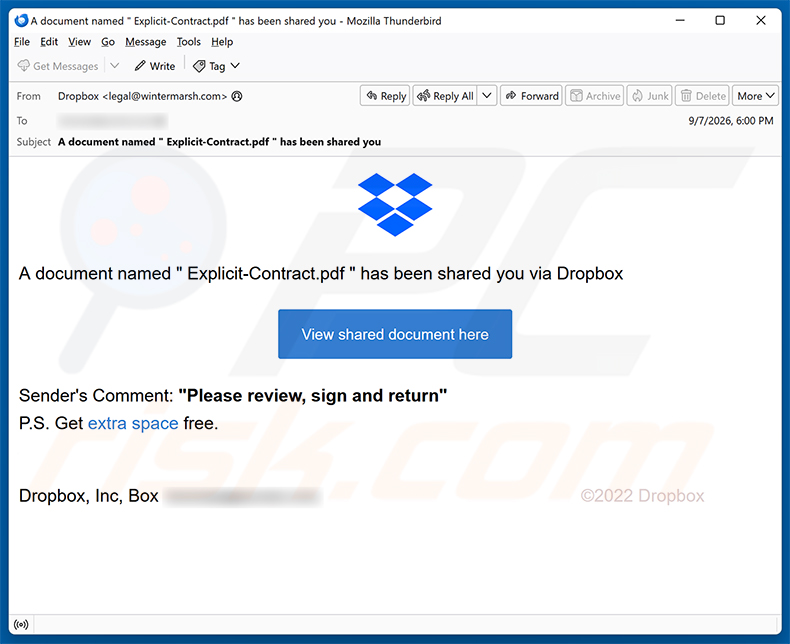 Campagne de spam par e-mail Document Has Been Shared You Via Dropbox arnaque par e-mail
