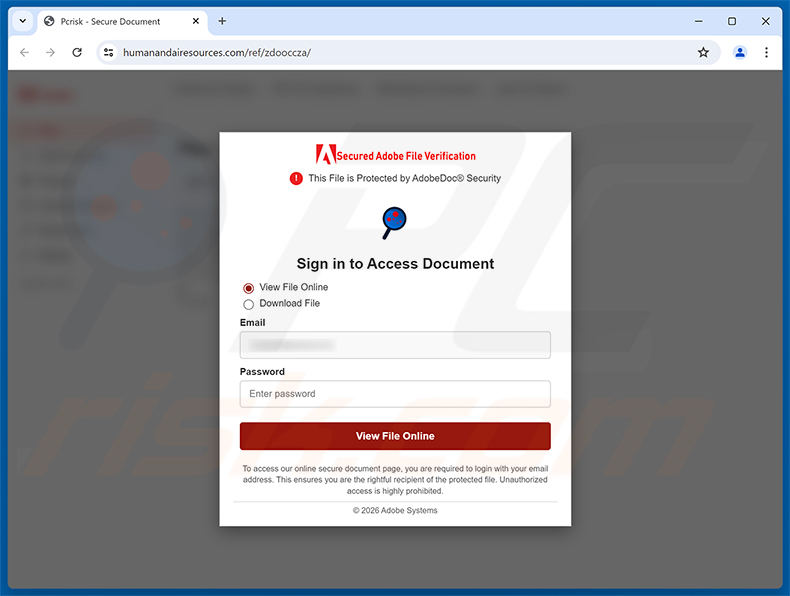 Page de phishing de l'arnaque par e-mail Document Has Been Shared You Via Dropbox