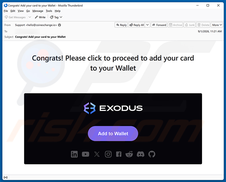 Campagne de spam par e-mail Exodus - Add Your Card To Your Wallet arnaque par e-mail