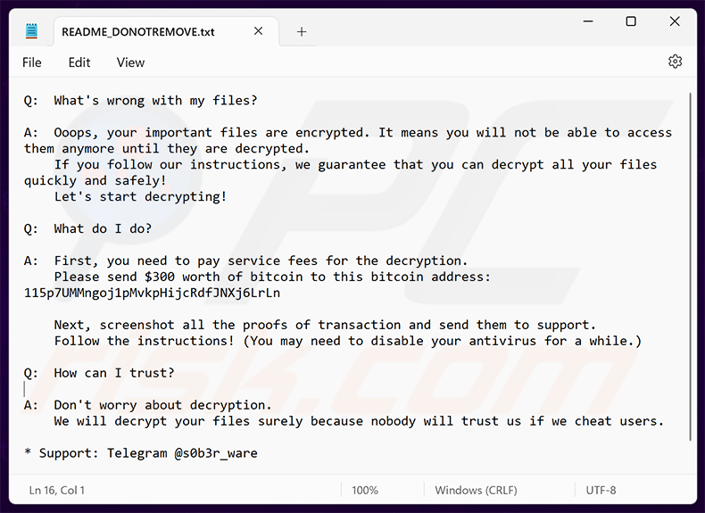 Demande de rançon du ransomware Face Melter (README_DONOTREMOVE.txt)
