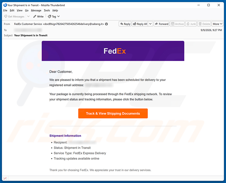Campagne de spam par e-mail FedEx Shipment Scheduled For Delivery arnaque par e-mail