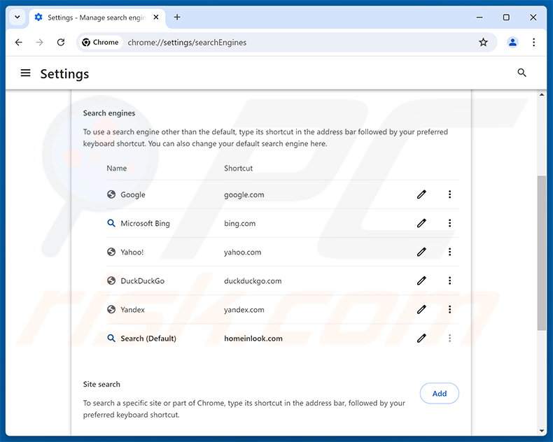 Suppression de homeinlook.com du moteur de recherche par défaut de Google Chrome