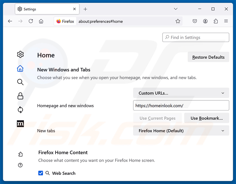 Suppression de homeinlook.com de la page d'accueil de Mozilla Firefox