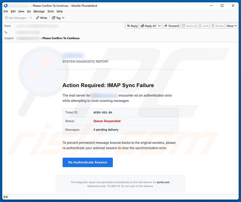 Arnaque par e-mail IMAP Sync Failure