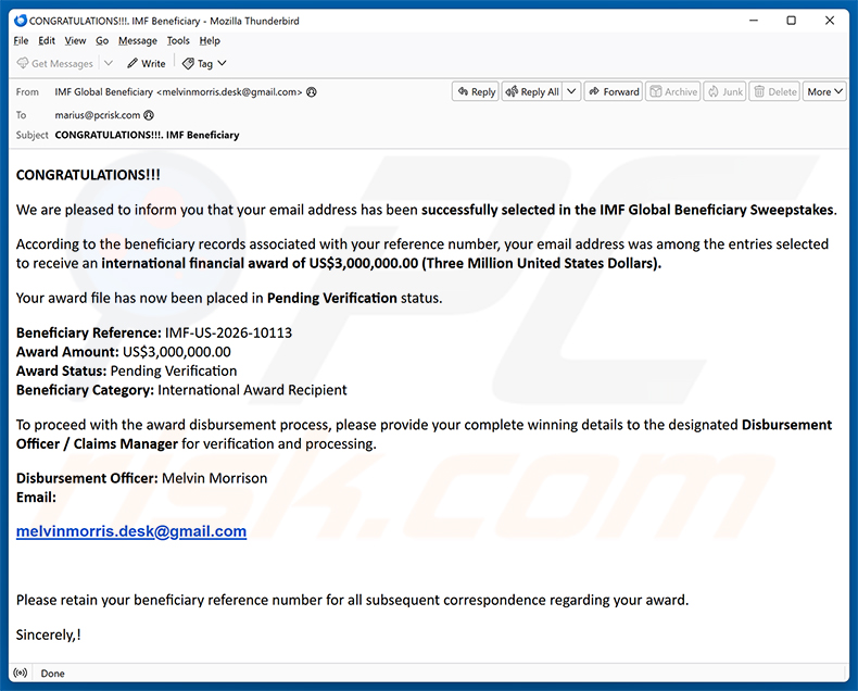 Campagne de spam par e-mail IMF Global Beneficiary Sweepstakes
