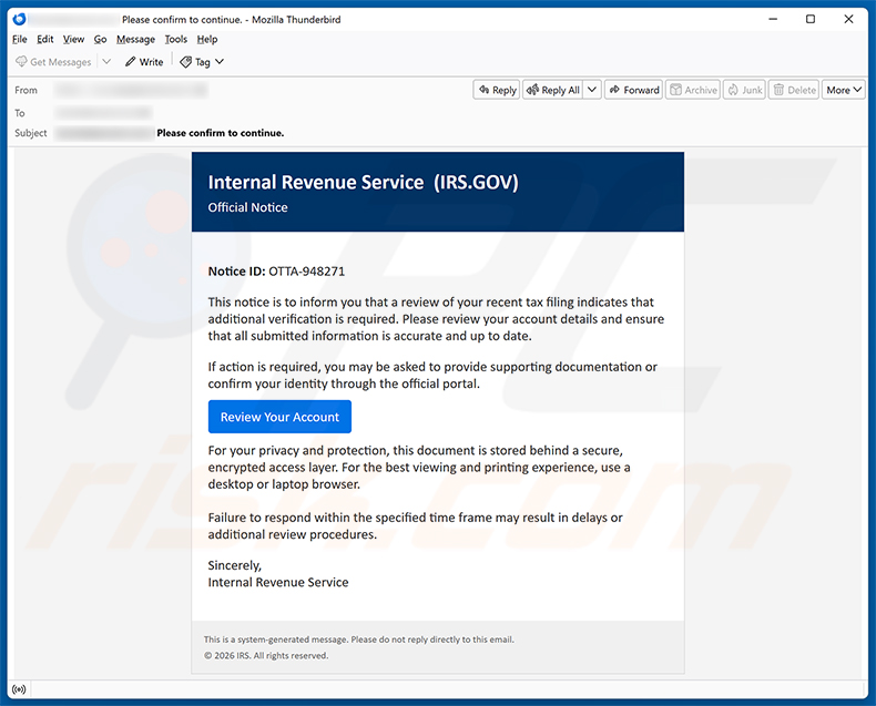 Virus de l'e-mail IRS Account Detail Verification
