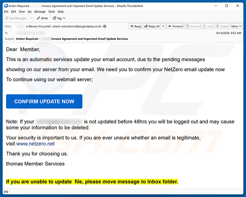 Campagne de spam par e-mail NetZero Email Update Scam