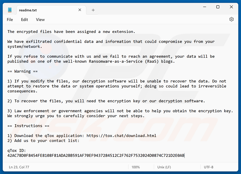 Demande de rançon de qTox Ransomware (readme.txt)