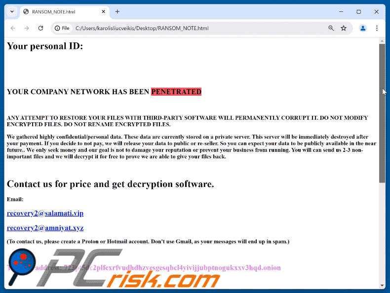 Demande de rançon du ransomware Regulus (RANSOM_NOTE.html)