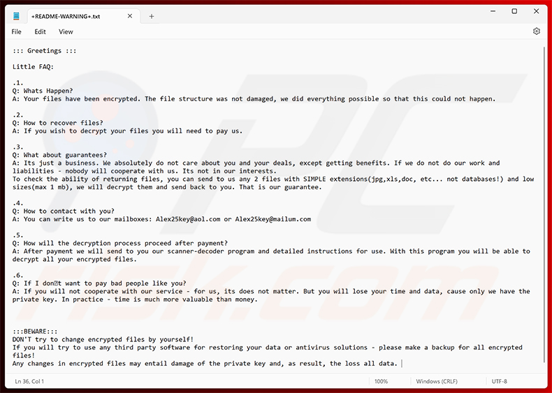 Demande de rançon de RIED Ransomware (+README-WARNING+.txt)