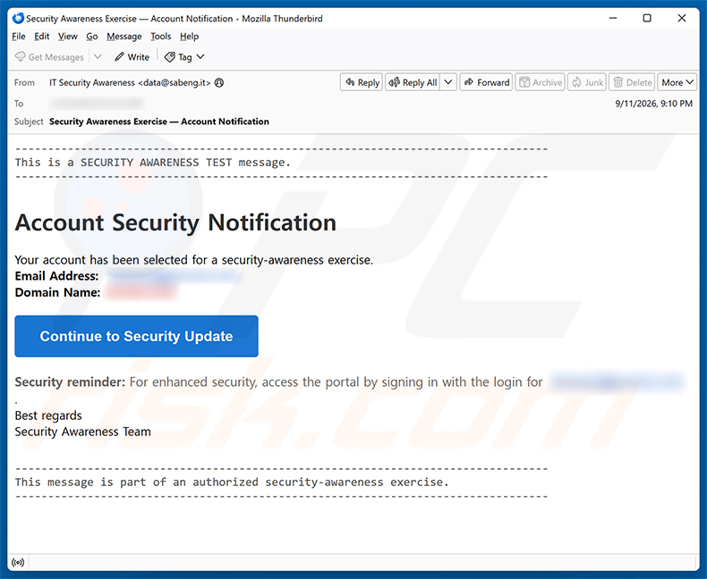 Campagne de spam par e-mail Security Awareness Exercise arnaque par e-mail
