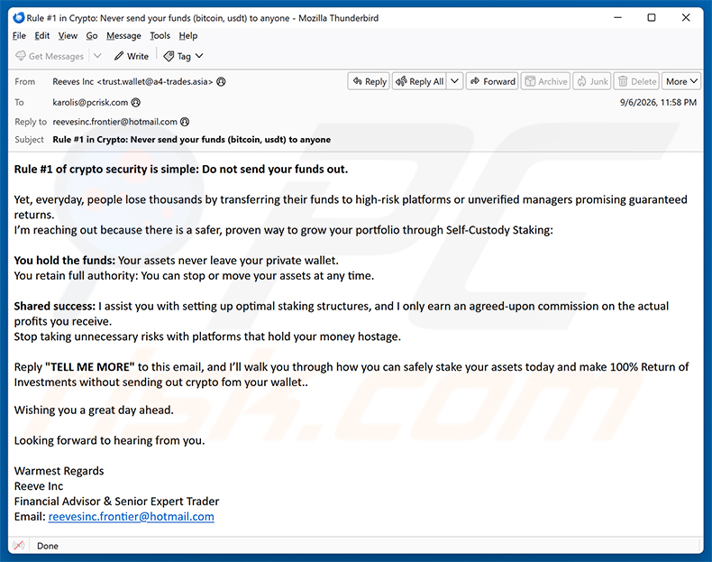 Campagne de spam par e-mail Self-Custody Crypto Staking
