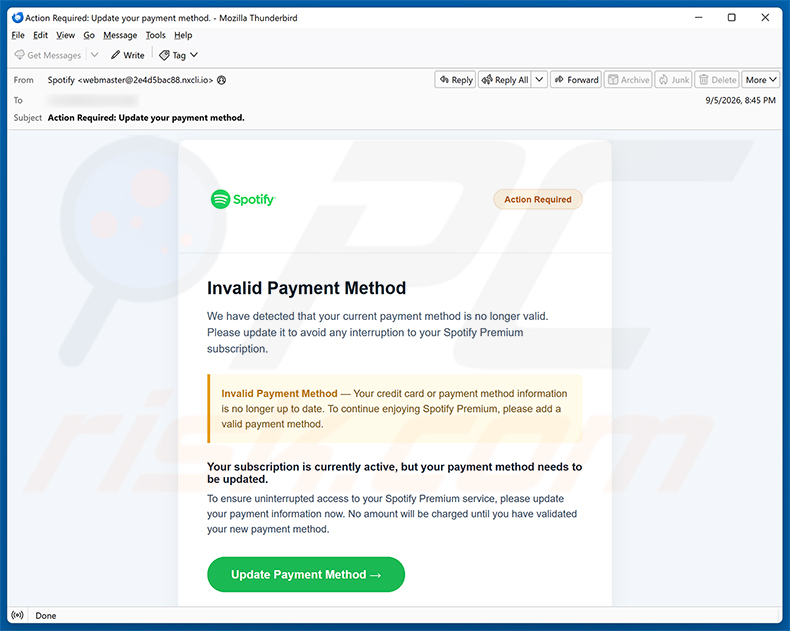 Campagne de spam par e-mail Spotify - Invalid Payment Method arnaque par e-mail