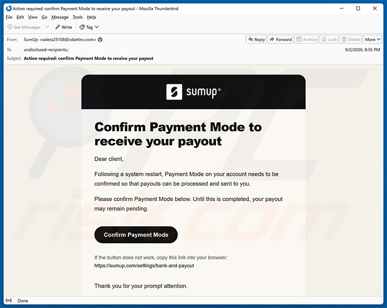 campagne de spam de l'arnaque par e-mail SumUp Payment Mode Confirmation