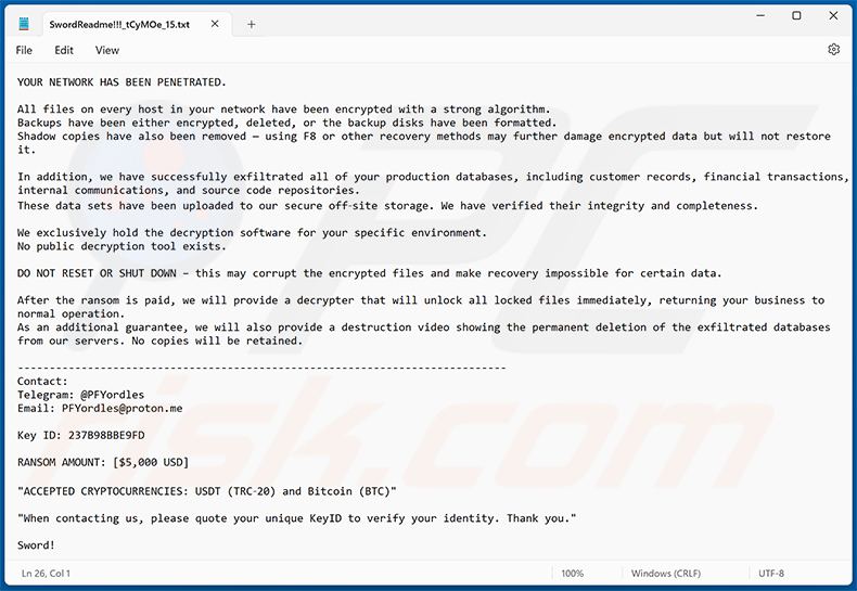 Note de rançon du ransomware Sword (SwordReadme!!![random_string].txt)