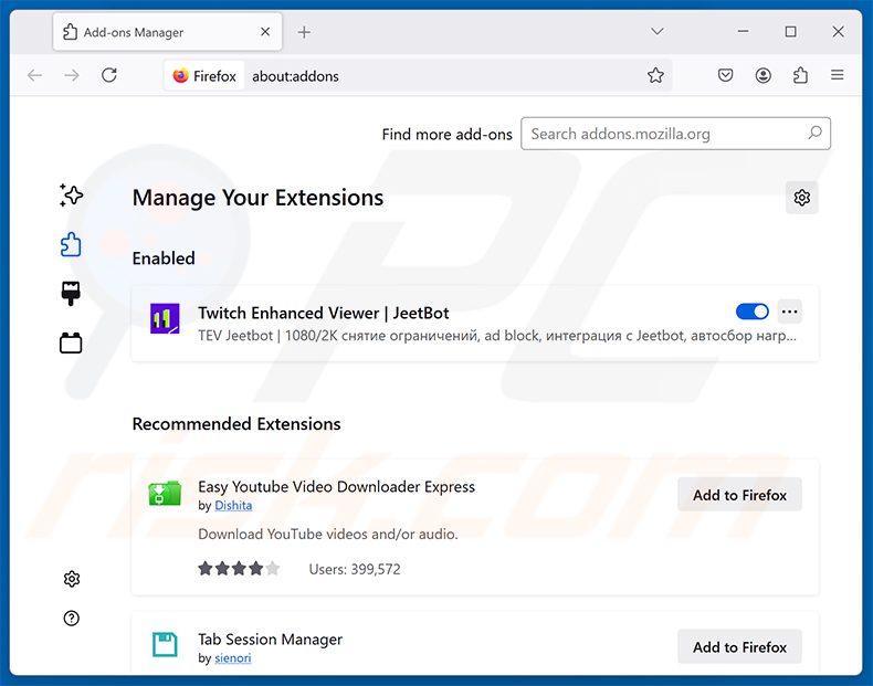 Suppression de l'extension malveillante Twitch Enhanced Viewer | JeetBot de Mozilla Firefox étape 2