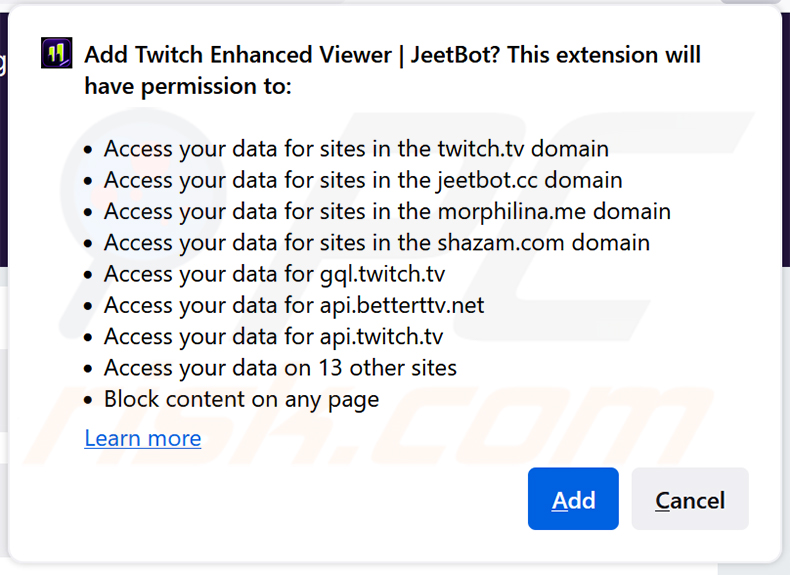 L'extension malveillante Twitch Enhanced Viewer | JeetBot demandant des autorisations dans Firefox