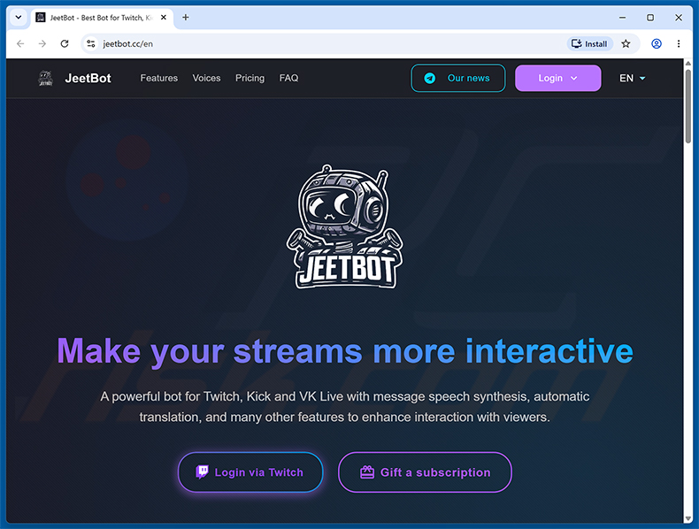 Site web faisant la promotion de l'extension malveillante Twitch Enhanced Viewer | JeetBot