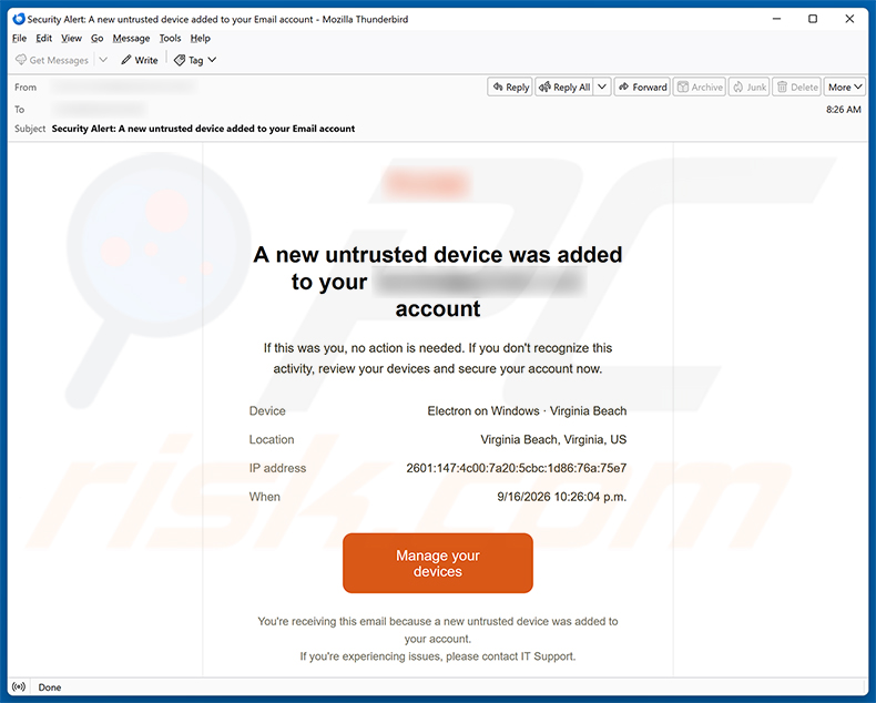 Campagne de spam par e-mail Untrusted Device Was Added To Your Account