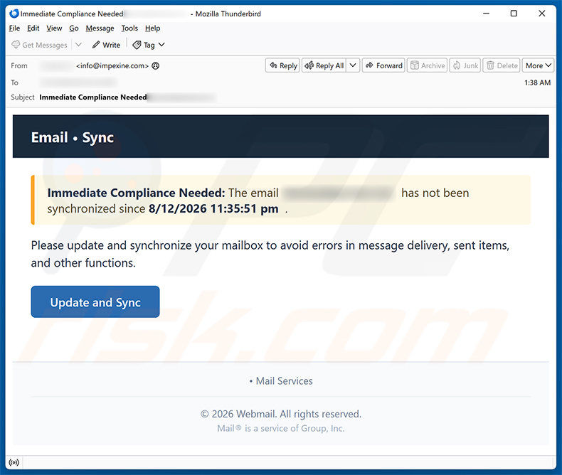 Campagne de spam de l'arnaque par e-mail Update And Synchronize Your Mailbox