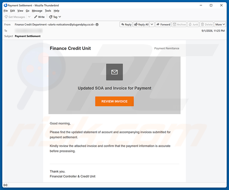 Campagne de spam par e-mail Updated SOA And Invoice For Payment
