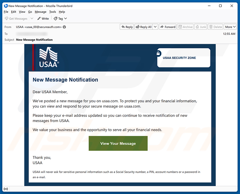 Campagne de spam par e-mail USAA - New Message Notification