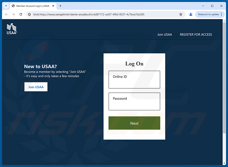 Page de phishing USAA - New Message Notification