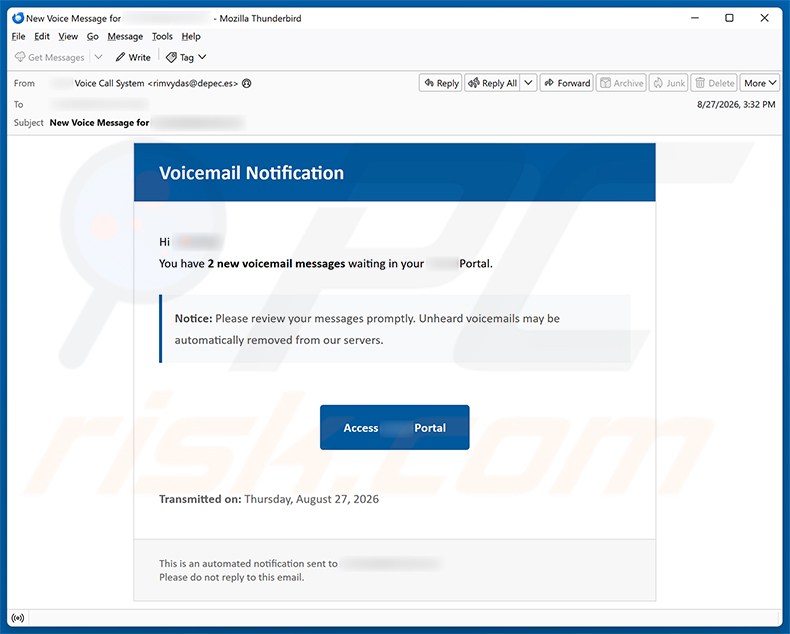 Campagne de spam par e-mail Voicemail Notification Email Scam