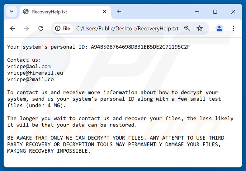 Demande de rançon du ransomware Vricpe (RecoveryHelp.txt)