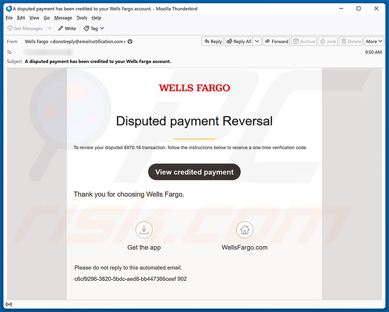 Campagne de spam par e-mail Wells Fargo - Disputed Payment Reversal