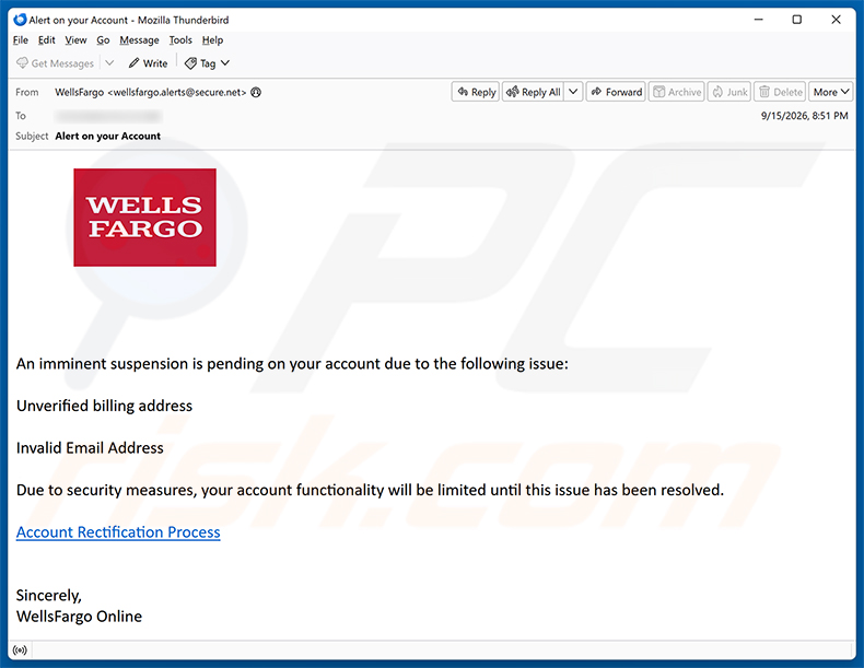 Wells Fargo - Pending Account Suspension arnaque par e-mail