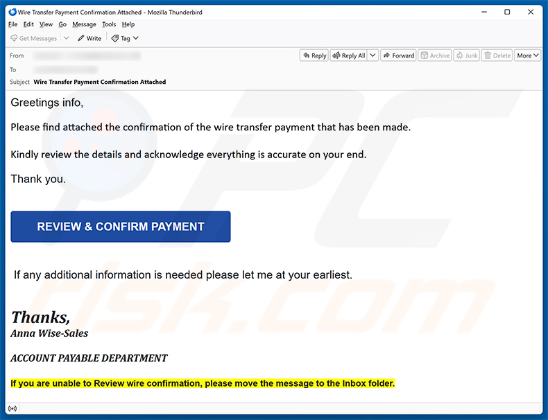 Campagne de spam par e-mail Wire Transfer Payment Confirmation arnaque par e-mail